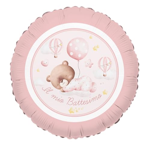 Pallone IL MIO BATTESIMO orsetto ROSA bimba - palloncino in foil Mylar gonfiabile ad aria o elio Ø45cm- fornito sgonfio