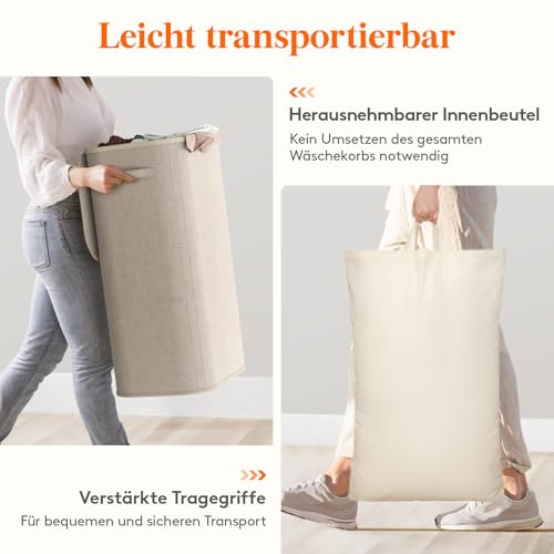 Lifewit 105L Wäschekorb mit Deckel, hoher Wäschekorb mit Kunststoffrahmen, faltbarer großer Wäschekorbsammler, Wäschekörbe für Schlafzimmer, Bad, Beige