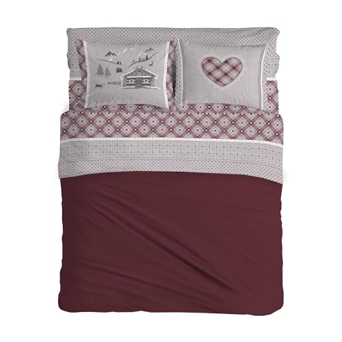 PENSIERI DELICATI Completo Letto Matrimoniale, Flanella 100% Cotone Caldo e Morbido, 2 Piazze 180x200cm, Include Lenzuolo Sotto, Sopra e 2 Federe, Made in Italy, Chalet Rosso