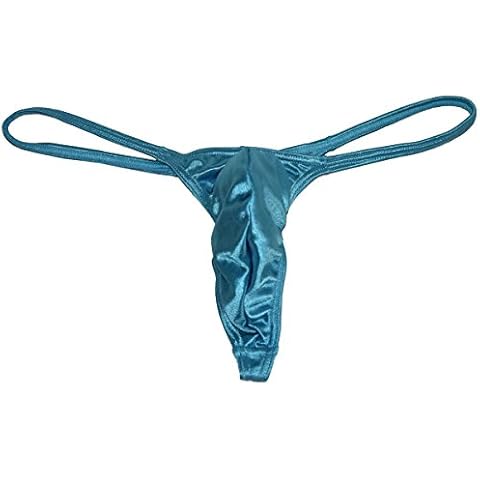 Men's Satin Thong Incorporate Pouch T-Back Guys Sexy Underwear Male String Mini Bikini Lake Blue XL Cover