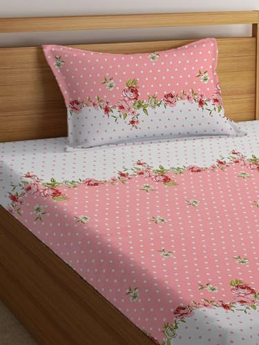 Image of LOOMLYFE 300 TC Cotton Feel Glace Elastic Fitted Printed Single Bed Bedsheet with 1 Pillow Cover Fits Upto 6 Inches Mattress,Size- 42X75X8 Inches, Pink Center Flower