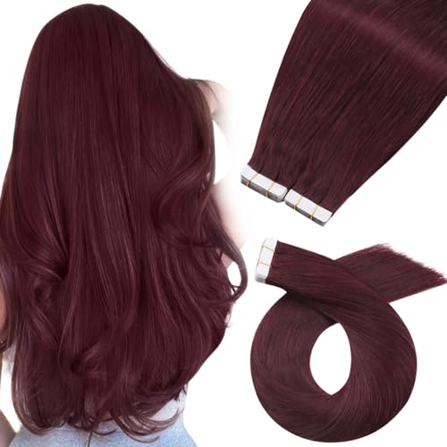 Image of Moresoo 40 Pcs Wine Red Tape in Hair Extensions Human Hair Invisible Tape in Extensions Burgundy Hair Extensions Real Human Hair Tape in Seamless Glue in Human Hair 18 Inch #99J 100g