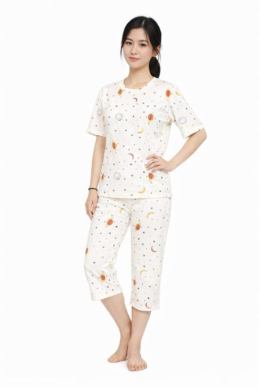 Image of Women Capri Pajama Set Korean Style Nightsuit Soft Breathable Top and Mid Length Pants Lightweight Loose Fit Nightwear Loungewear
