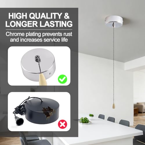 Bathroom Pull Cord Light Switch, 150 cm Pull Cord Light Switch for Ceiling Light with Chain Set, Pull Switch with Cord 230 V for LED Wall Light, Ceiling Fan, Bathroom Accessories (Silver) — view 4