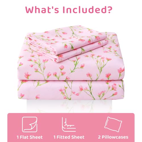 Image of Mooreeke Cozy Floral Microfiber Printed Queen Sheet Set - Soft & Breathable Pink Flowers Bed Sheets with Deep Pocket - Non-Slip Fitted Design - Pink Flowers with Green Branches Pattern - Queen