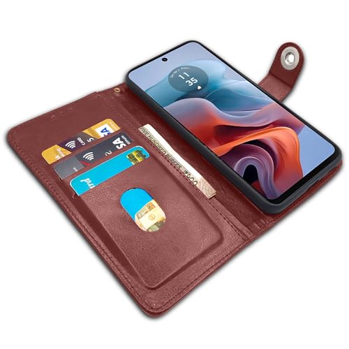 Image of Pikkme Moto G24 Power Flip Cover Leather Finish | Inside TPU with Card Pockets | Wallet Stand and Shock Proof | Complete Protection Button Flip Case (Brown)