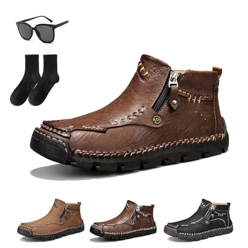 Stepthetop Motorcycle Boots, Step The Top Hand-Stitched Wide Toe Genuine Leather Boots for Men, Waterproof and Anti-Slip, Suitable for Work, Driving, Hiking
