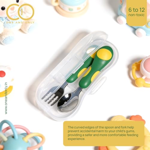 Image of Baby Spoon and Fork Set, Green Stainless Steel & Silicone Toddler Cutlery Set with Easy Grip, 2 Pc, Self Feeding Utensils for Baby Meals School and Travel, Mealtime Essential