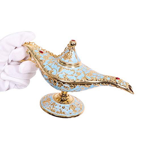 Gusnilo Vintage Aladdin Magic Lamp Genie Collector's Edition/Wedding Table Decoration,Collectable Rare Classic Arabian Props Aladdin Pot & Delicate Gift for Party/Birthday(Golden Lake Blue)