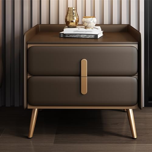 Comodino moderno marrone scuro con 2 cassetti, top in pelle di alta qualità, maniglie e piedini in acciaio placcato oro, 50 cm, in legno, per una decorazione elegante della camera da letto