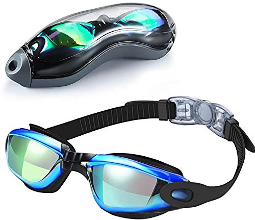 Swimming Goggles, Mirrored Swim Goggles No Leaking Anti Fog UV Protection Triathlon Swim Goggles with Free Protection Case for Adult Men Women Youth Kids Child(Blue & Black)