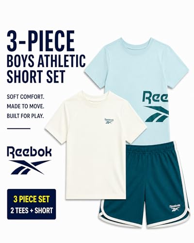Image of Reebok Toddler Boys Short Set - 3 Piece Summer Outfit with 2 T-Shirts & Shorts - Activewear Clothes for Toddler & Little Boys