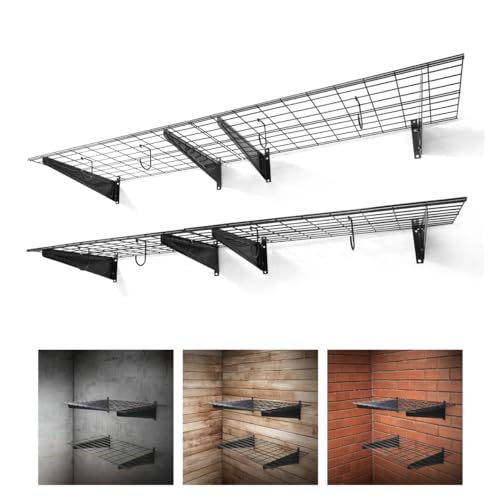 Fencer Wall Mounted Garage Shelving - 72' W x 18' D, 4 Hooks, Black, Heavy Duty, 1000lb Capacity