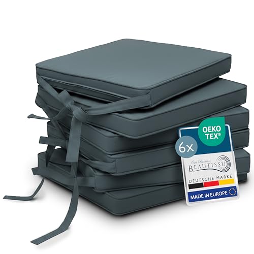 Beautissu Loft SK cojín de Silla 45x40 cm Azul Gris - Juego de 6 Cojines de Silla con Correas Cojín de Asiento para sillas, Antideslizante con Correas de fijación Almohadilla de tapicería