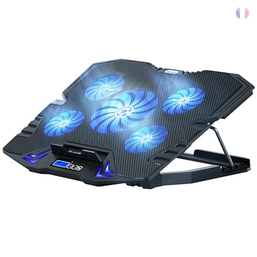 TopMate C5 Base de Refroidissement pour PC Portable Gamer (10-15,6 Pouces), Support à Ventilateurs avec Réglage de Hauteur, 5 Ventilateurs Silencieux, Luce LED Bleue...