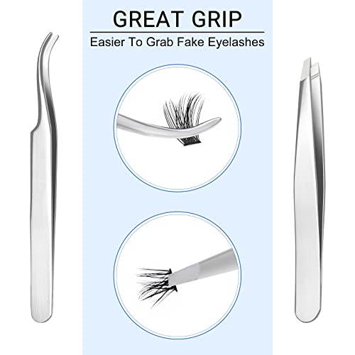 QUEWEL Lash Applicator Tool, 2 Pcs Eyelash Clusters Tweezers For False Lashes, Curved and Straight Silver DIY Eyelash Applicator Tweezers Set Stainless Steel Cluster Lash Applicator