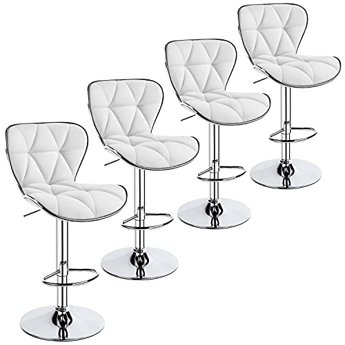 Yaheetech Island Chairs Bar Stools Set of 4 Fashionable Bar Chairs Adjustable PU Leather Swivel Stools Chair with Shell Back BarStools for Home Kitchen, White