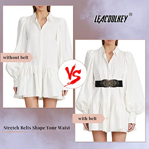 Leacoolkey 3 Pack Women Vintage Wide Waist Belt For Dress, Elastic Cinch Belt With Retro Interlocking Brass Buckle(Black+Brown+Beige,Suit For Waist Size 27"-33") #TOP4