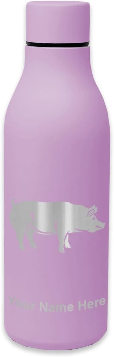 LaserGram Double Wall Stainless Steel Water Bottle, Pig, Personalized Engraving Included