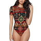WOEZKEX Women's Crew Neck Short Sleeve Bodysuit Ethnic Aztec Indiana Western Southwest Retro Vintage Pattern Body Suits Basic T-shirt Tops
