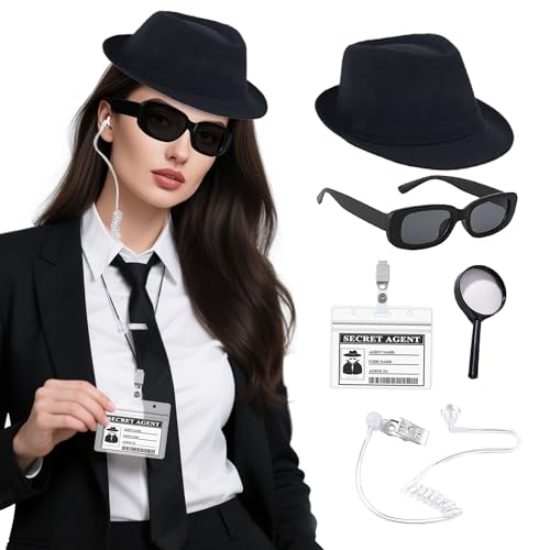BACH AND BOOZY 5 piezas kit accesorios disfraz agente detective accesorios gafas corbata credencial juvenil adulto navidad halloween cosplay fiestas