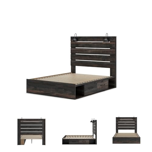 Image of Signature Design by Ashley Drystan Queen Panel Bed with 2 Storage Drawers, Sconce LED Lights, and USB Charging Ports, Engineered Wood Platform Design, No Box Spring Needed, Dark Brown and Gray
