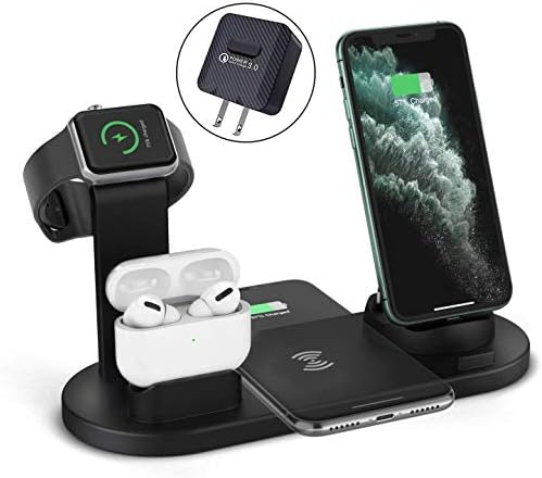 ZHOUBIN Wireless Charger Stand, 4 in 1 Wireless Charging Dock Station for Apple Devices Compatible with Apple Watch, AirPods, iPhone 8, 8 Plus, X, XS, XR, X, Xs Max, 11, 11 Pro, 12, 12Pro, Black