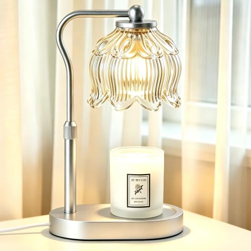 Briever Flower Candle Warmer Lamp, Adjustable Height Electric Candle Lamp with Timer & Dimmer, Wooden Base Wax Warmer, Christmas Birthday Housewarming Gifts for Women Mom, Silver Wood-Clear
