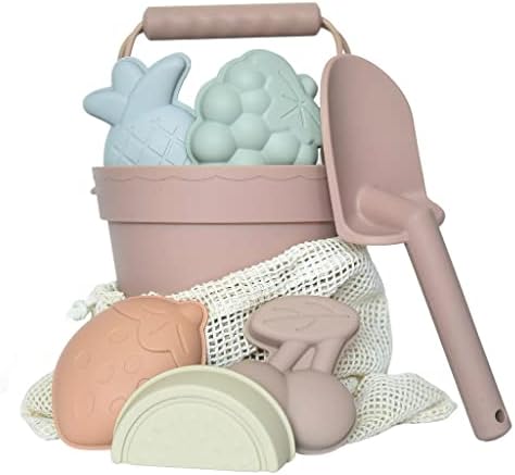 Silicone Beach Toys for Kids 3-10 - Sand Toys for Toddlers and Babies - 5 Molds with Collapsible Bucket, Shovel and Bag - Travel and Eco-Friendly Snow Toys Set (Pink)