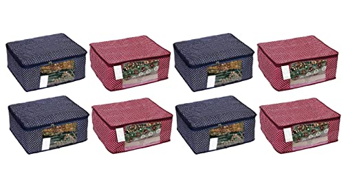 Image of Clothe Organizer|Foldable Wardrobe|Cotton Saree Cover Closet Orgnizer /Saree Bags for Wardrobe Orgnizer Clothe Covers |Set Cover|Saree Cover with Zip (Pack of 8, Maroon + Blue)
