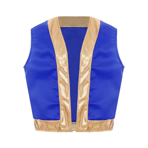 Jugaoge Chaleco de satén para niños príncipe árabe chaleco sin mangas frente abierto chaqueta corta dobladillo dorado Top Top, azul cobalto, 146-152