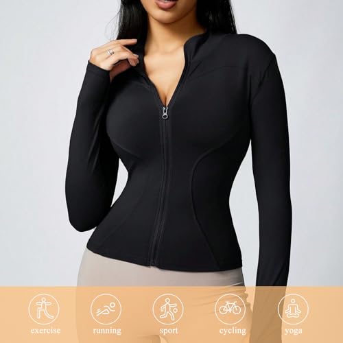 Neteson T-shirt damski z długim rękawem, sportowa koszulka, koszulka do siłowni, fitness, lekka koszulka z długim rękawem z zapięciem i otworem na kciuk do jogi, golfa, tenisa, czarny, XL