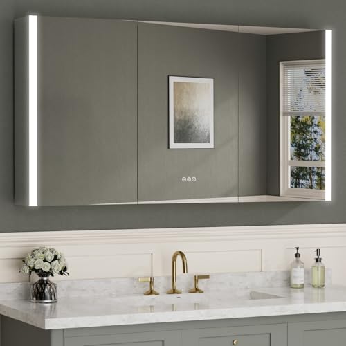 HBEZON Medicine Cabinet with LED Lights and Mirror, 60 x 32 Inch Surface or Recessed Mounted Bathroom Cabinets with Door, Defogger, Memory Function, 3-Color Mode, Outlet&USB, Dimmer, Storage Shelf