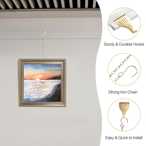 Image of Picture Hanging Kit 10Pcs Rail Hooks with 10Pcs Chains, Metal Picture Display Hanging System for Wall Pictures, Exhibition(Gold-B)