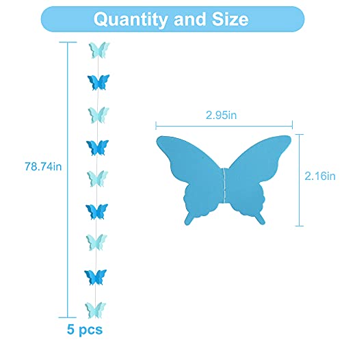 Image of 5 Pieces 3D Blue Butterfly Paper Garland Hanging Decorative Banner for Home Ceiling Decor Birthday Party Baby Shower Wedding Theme Showcase Decoration Supplies Total 393 Inch Length