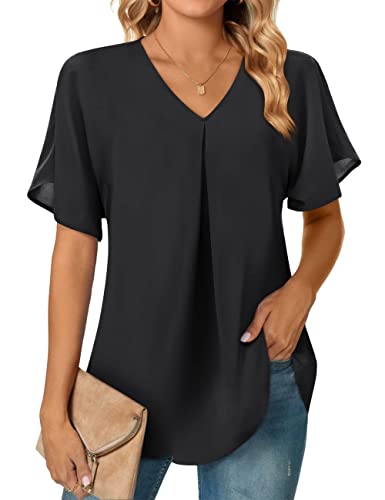 Beluring Womens Summer Blouse Bat Sleeve V Neck Tunic Tops Business Shirt (Black, M) #TOP21