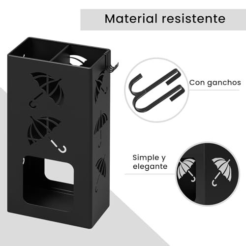 Miniatura 3 de Woltu Paragüero Con 4 Ganchos, Soporte De Paraguas Con 2 Zonas Separadas, Paragüero De Metal Antioxidante, Diseño Con Huecos Paraguas, Para Recibidor Y Entrada, Negro, Sst16an
