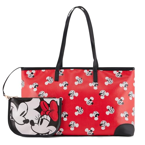 Disney Mickey and Minnie Tote bag - Girls, Boys, Teens, Adults - Mickey and Minnie Mouse Faux PU Leather Cosplay Tote Handbag with Zipper Pouch