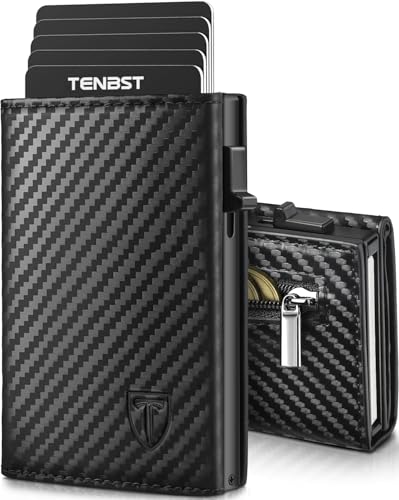 TENBST Cartera Hombre de Cuero, Tarjetero con Bloqueo RFID, Cartera Tarjetero Hombre pequeño para Crédito, Billetes y Monedas con Caja de Regalo
