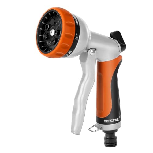 RESTMO Gartenbrause Metall Hochdruck Garten Handbrause 7-Funktionen Spritzdüse und Einstellbarer Wasserdurchfluss Spritzpistolen Bewässerungspistole für Bewässerung Autowaschen Orange