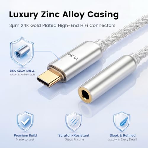 VUM USB-C à 3.5mm Casque Jack Hi-Res DAC & AMP Adaptateur audio double puce 32 Bit/384kHz DAC,CX31993&MAX97220 Chipset,8N OCC Câble plaqué argent,24K Connecteur plaqué or,TTRS HD Mic Entrée prise en charge