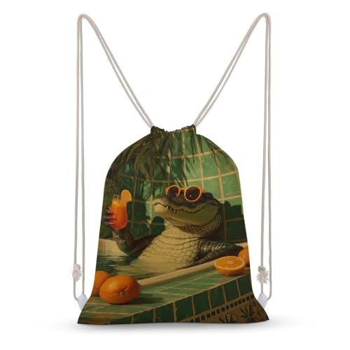 Alligator with Sunglasses in The Bathtub Drawstring Backpack Canvas String Bag Lightweight Sports Gym Bag for Men Women