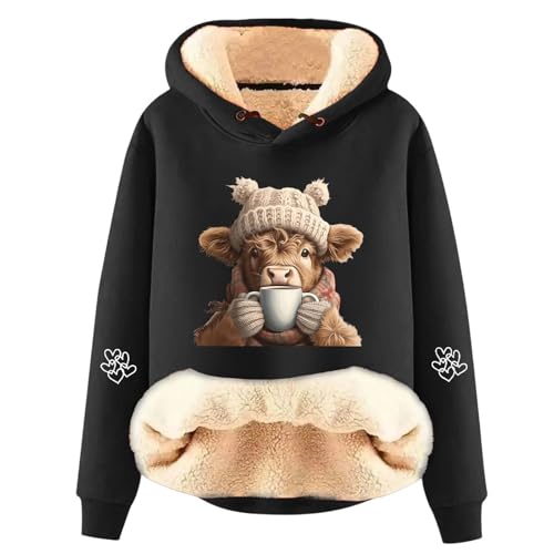 Sweat à capuche bœuf des Highlands femme noir chaud grande taille d'hiver