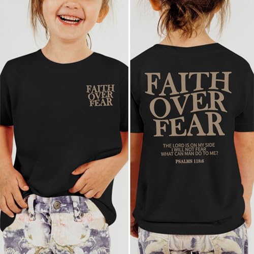 Image of Girls Faith Over Fear Christian Shirts for Kids Jesus God Bible Verse Religious Tshirt Cute Preppy Graphic Tees Tops