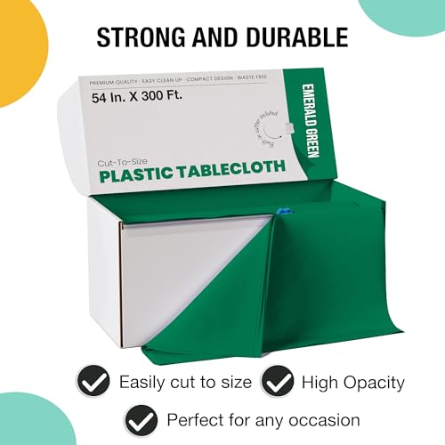 Image of Party Solids 54 Inch X 300 Feet Emerald Green Plastic Table Cover Roll in A Cut - to - Size Box with Convenient Slide Cutter. Cuts Up to 36 Rectangle 8 Feet Plastic Disposable Tablecloths