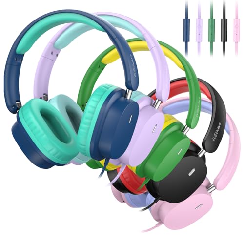 Kids Headphones Bulk 5 Pack for School, HD Mic Stereo Sound Over-Ear Headphones for Classroom, Comfortable Fit, Foldable, 3.5mm Jack Wired Headphones for kids ipad Tablets Computer Travel, Colorful