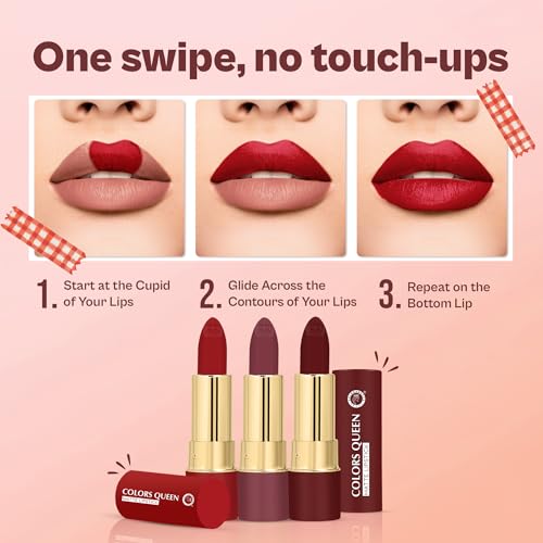 Image of Colors Queen Lippie Pack of 3 Matte Lipsticks for Women Enriched with Jojoba Oil & Vitamin E | Lightweight & Long Lasting | Creamy Smooth Texture, Nourishing Formula | One Swipe Application (Combo - 01, 15g)