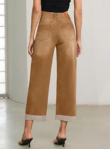 Image of Sidefeel Barrel Jeans for Women High Waisted Wide Leg Baggy Stretchy Trendy Raw Rolled Hem Capri Cropped Ankle Denim Pants