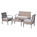Outsunny Patio Furniture Set, 4 Piece Indoor Outdoor PE Wicker Conversation Set with Chairs, Loveseat Sofa, Cushions, Glass Table for Backyard, Sunroom, Pool, Garden, Light Gray