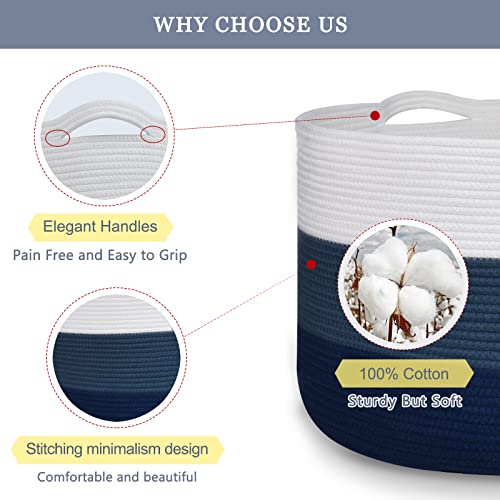 Image of Large Cotton Rope Blanket Basket, 87L Laundry Hamper, White & Blue